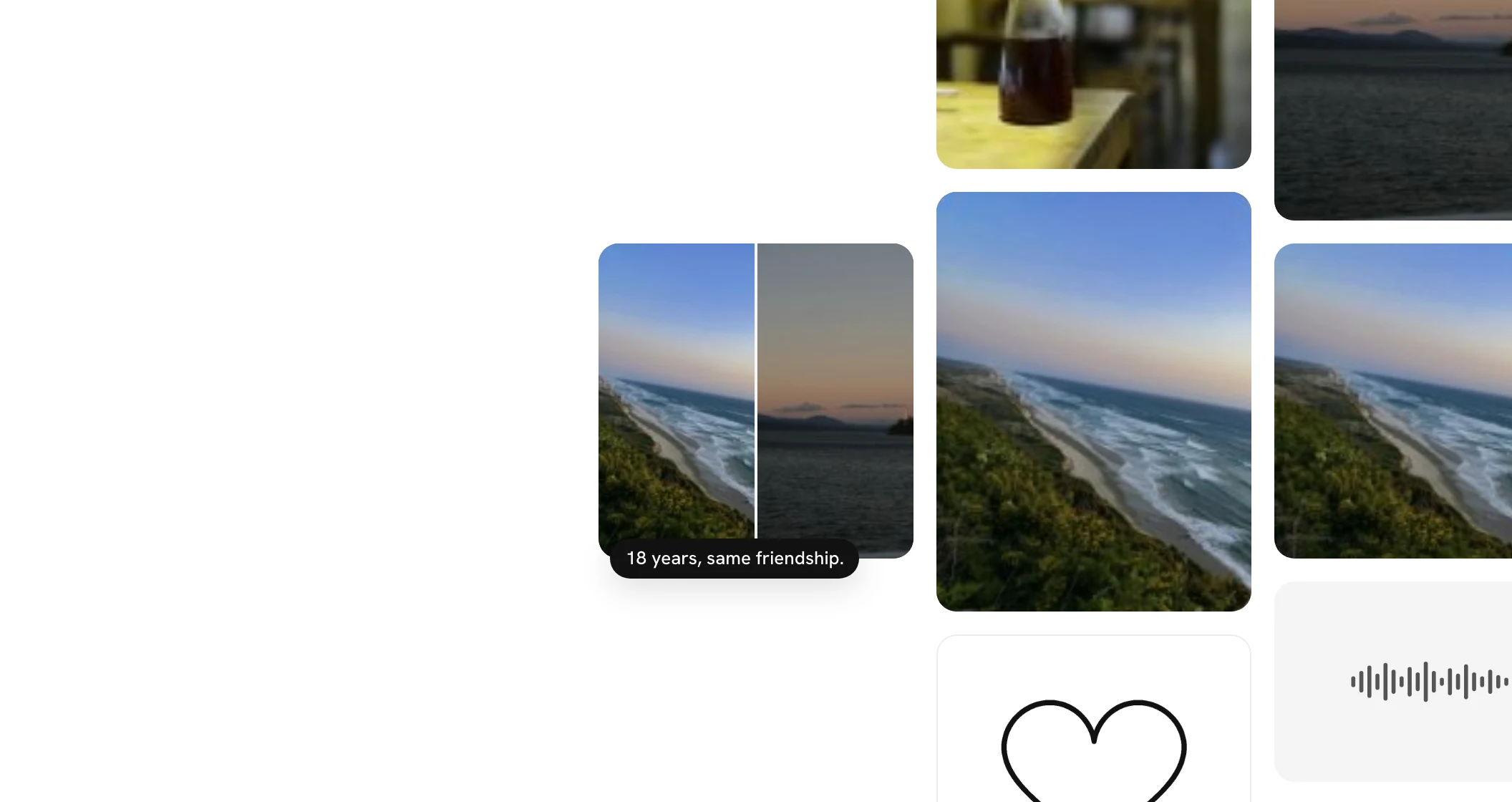 A Moment on the wall: a beach and a sunset side by side under the black pill 18 years, same friendship.