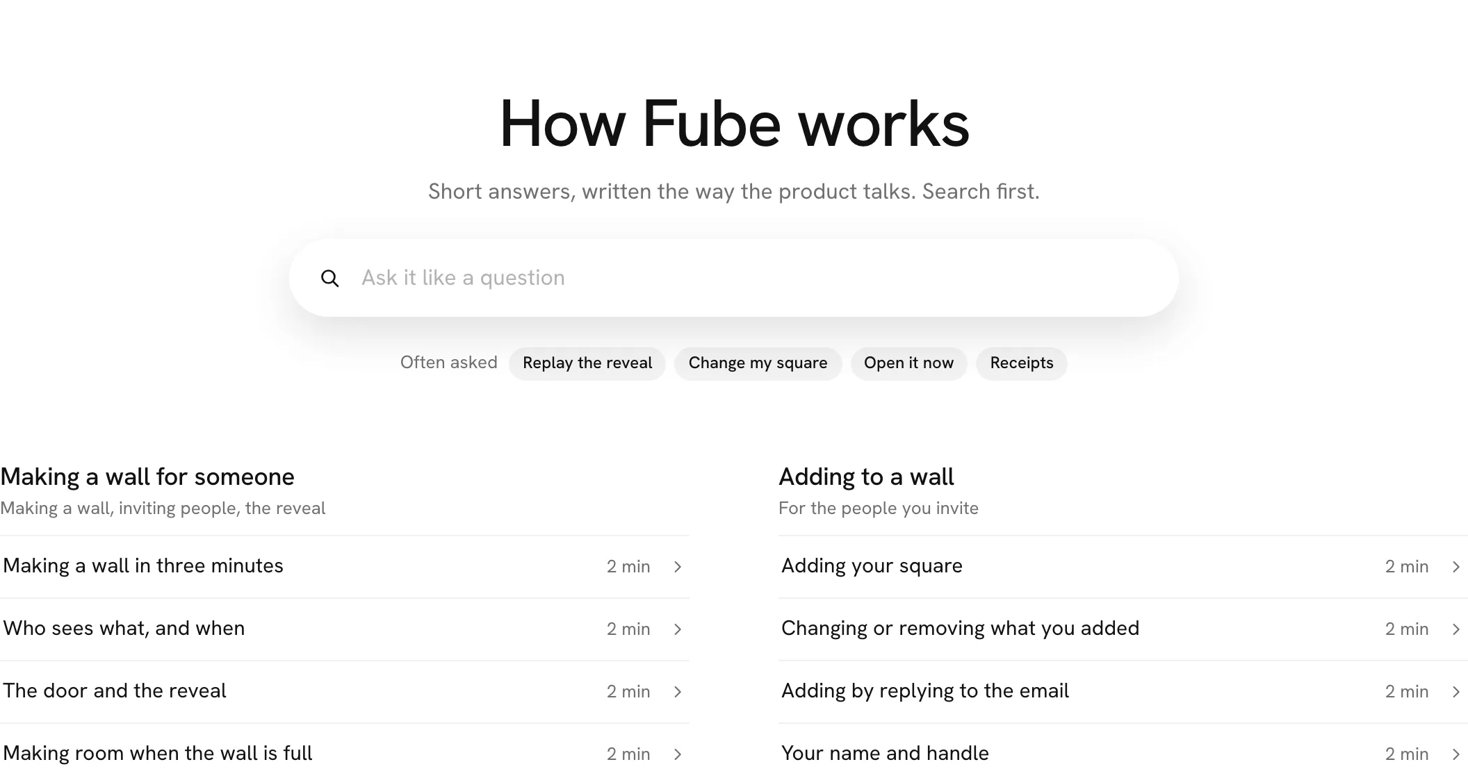 The guide: the search field, questions people ask most, and the answers by group