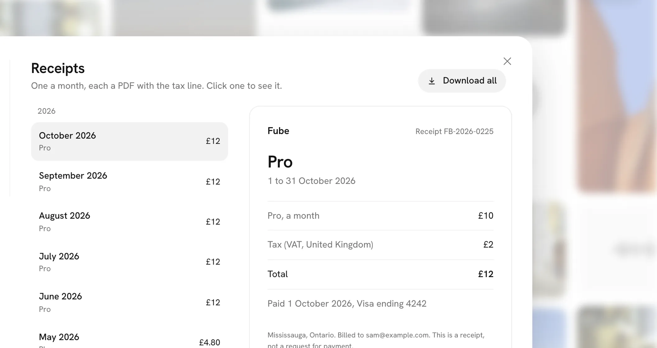Every receipt by month, the one you chose beside the list