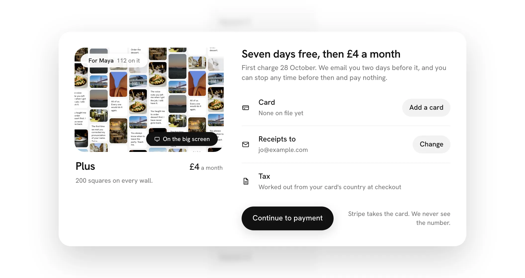 Checkout: the plan on the left; the price, the first charge and your receipts on the right
