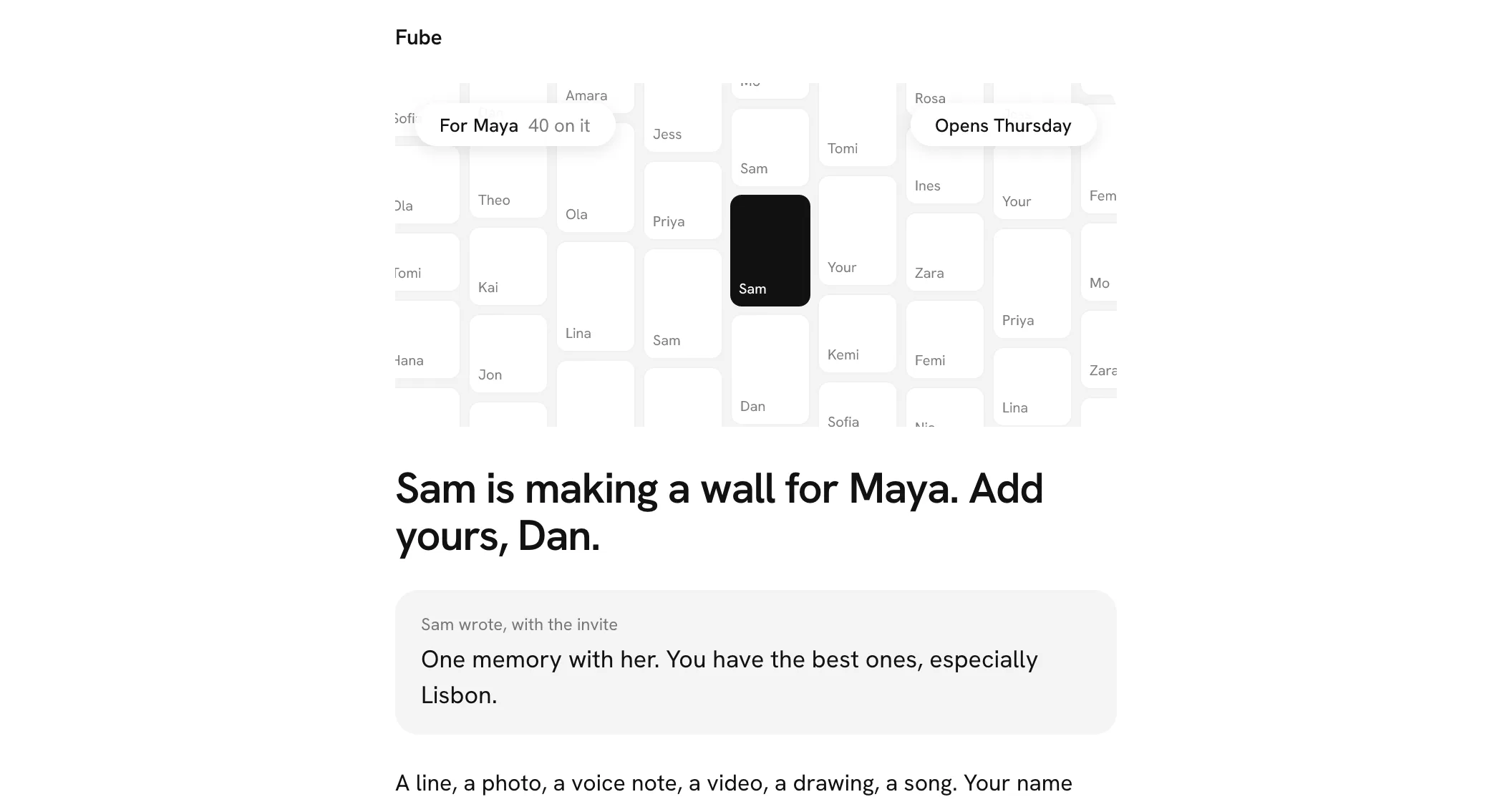 An invite email: the wall face down with the names on it and the organiser's square in black, the headline "Sam is making a wall for Maya. Add yours, Dan." and Sam's line quoted under it