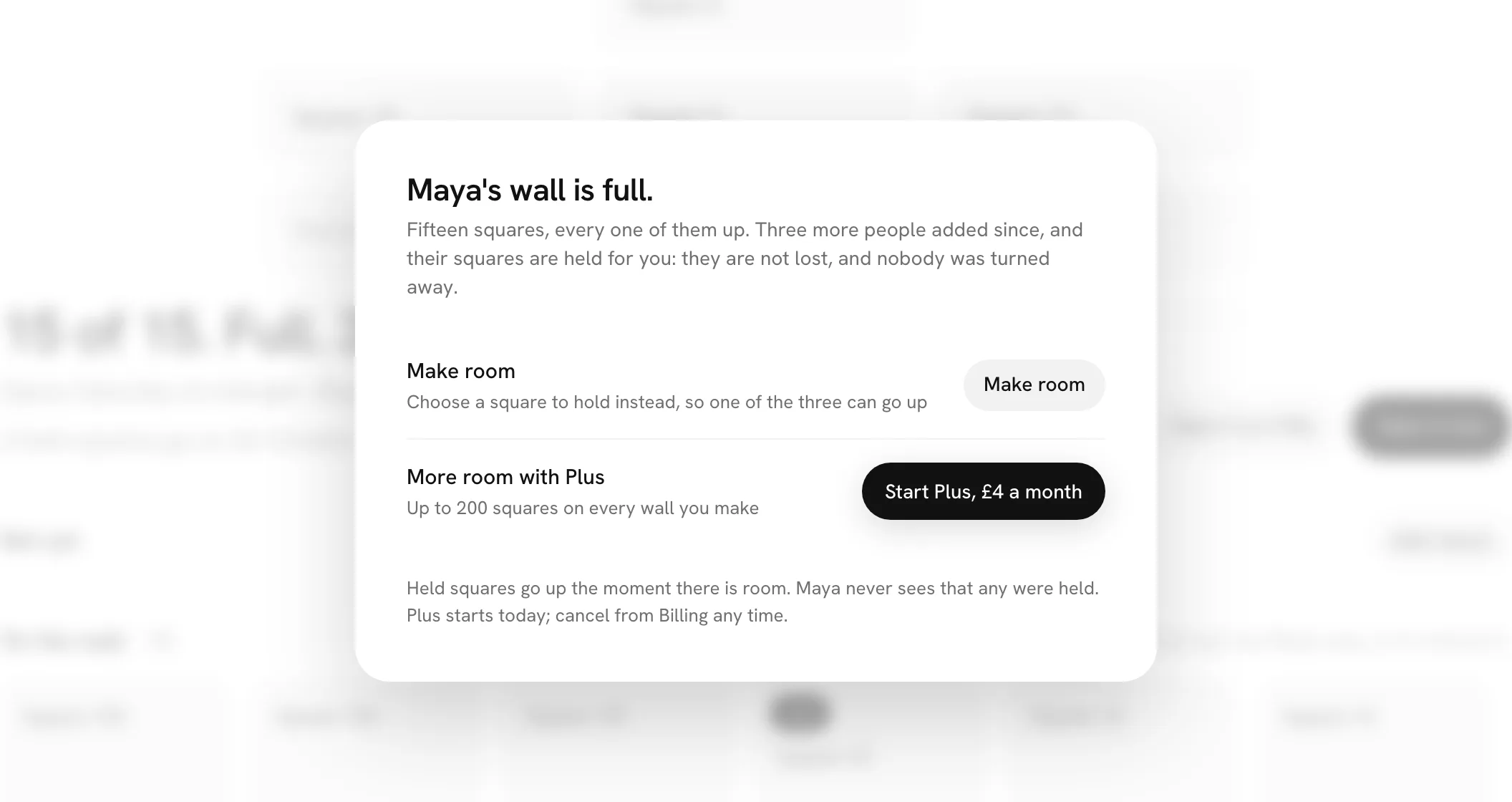 The card when a wall is full: Make room, or start Plus