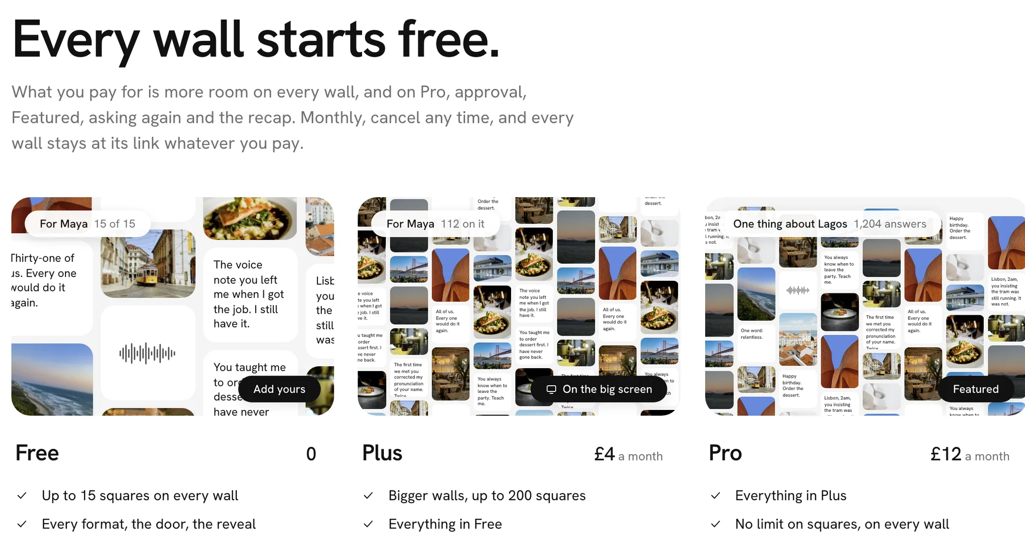 Free, Plus and Pro, each drawn as the wall it gives you