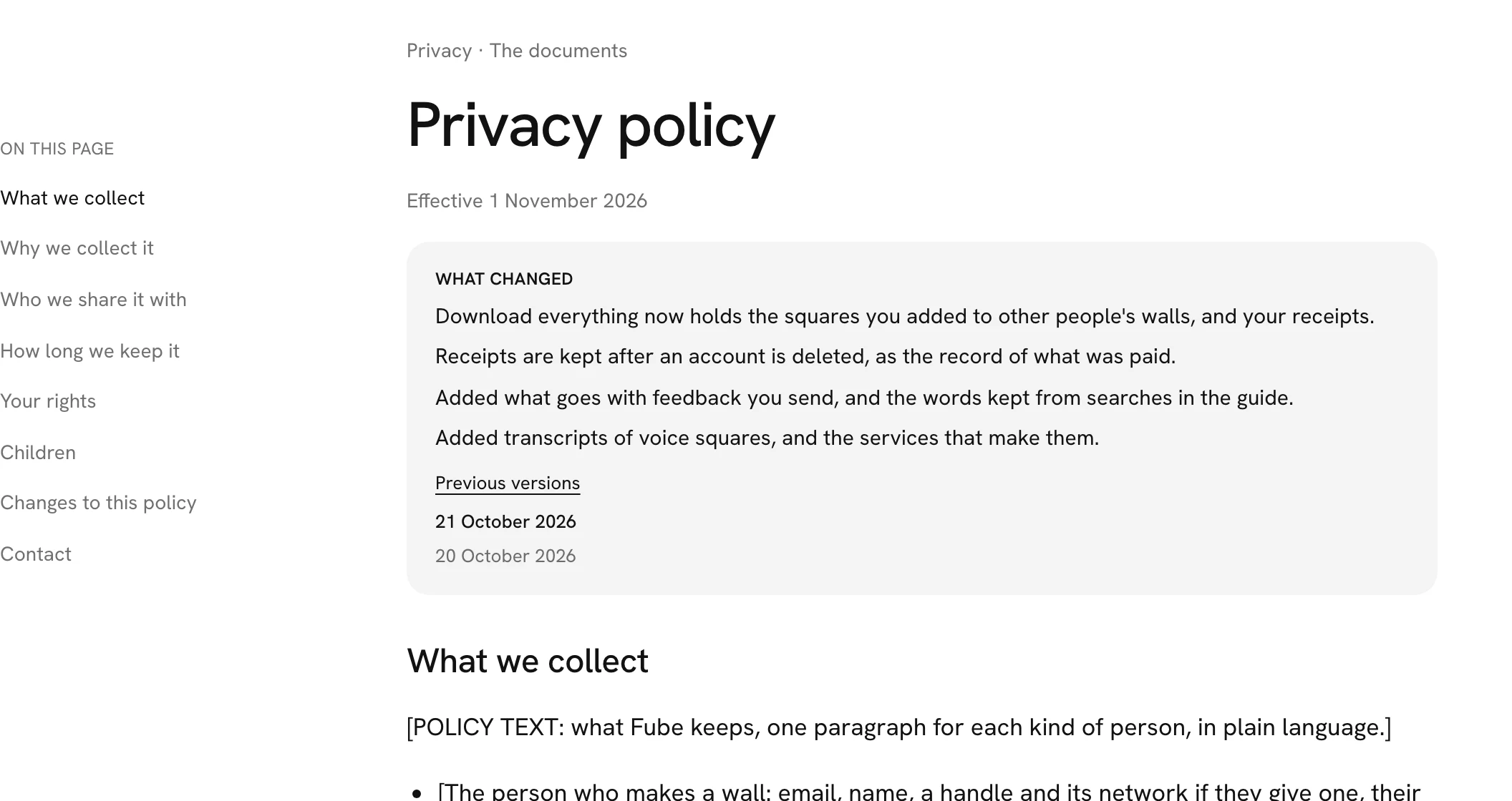 The privacy policy: the date it takes effect, then a grey box listing what changed, with the earlier versions under it