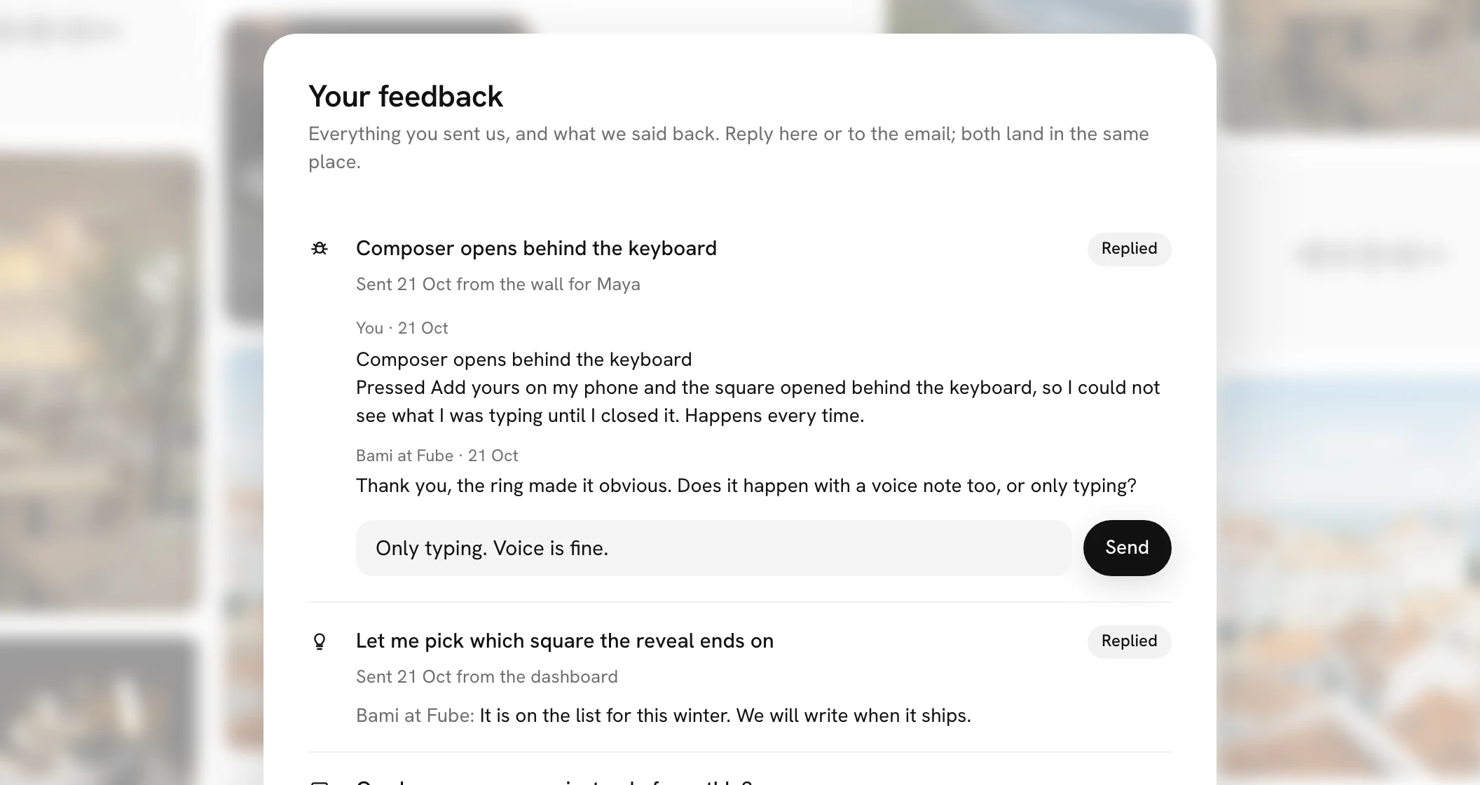 Your feedback: a bug report with our answer under it and a box to reply, and two older ones