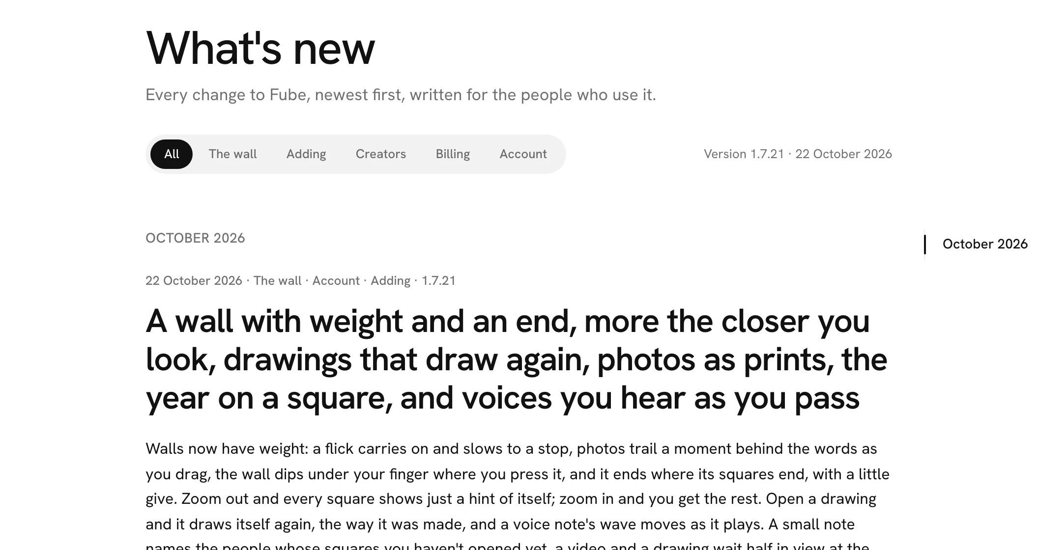 The top of What's new in the middle of the page, its filters, and the newest change's heavy title