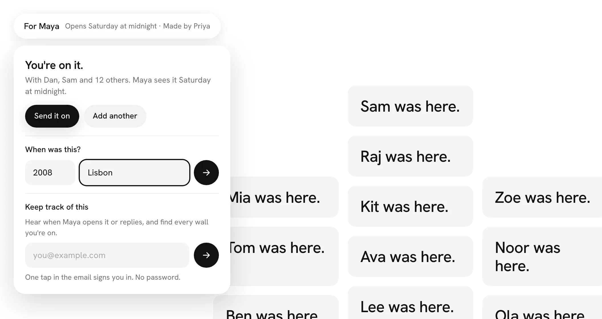 The card that drops after adding a line: under Send it on and Add another, When was this? with 2008 and Lisbon typed into two fields beside a black arrow
