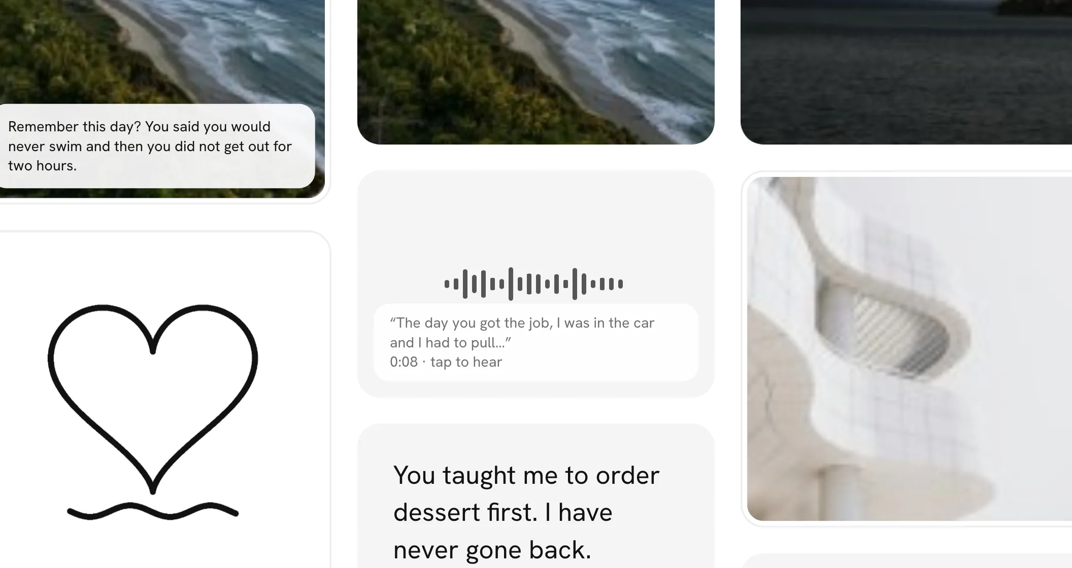 Zoomed in: a photo with its line on a white card along its bottom, and a voice note with its first words and 0:08 · tap to hear under its wave