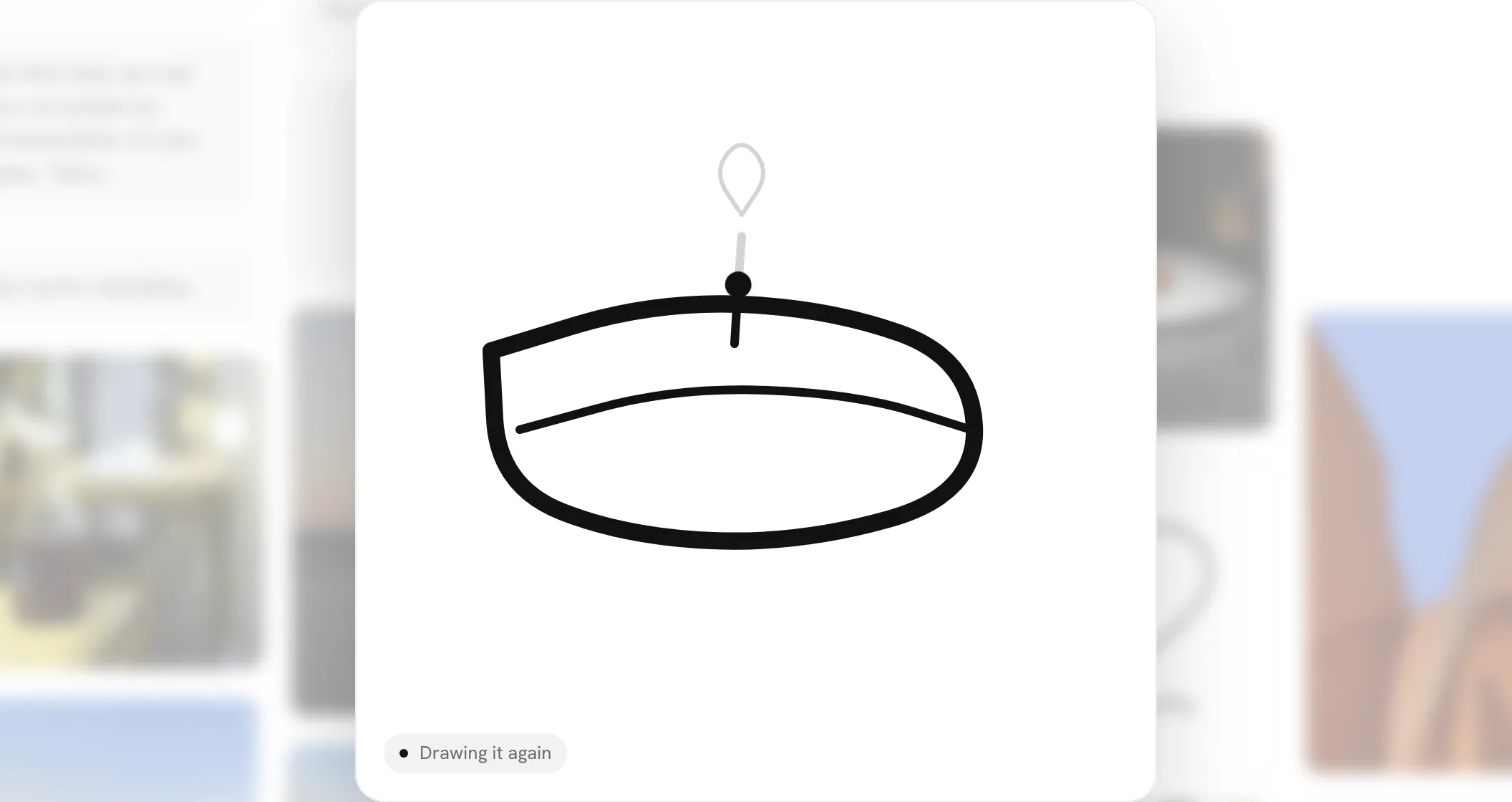 An opened drawing of a cake halfway through drawing itself again, a black dot at the tip of the candle being drawn, the rest faint underneath, and Drawing it again in a grey pill at the bottom left
