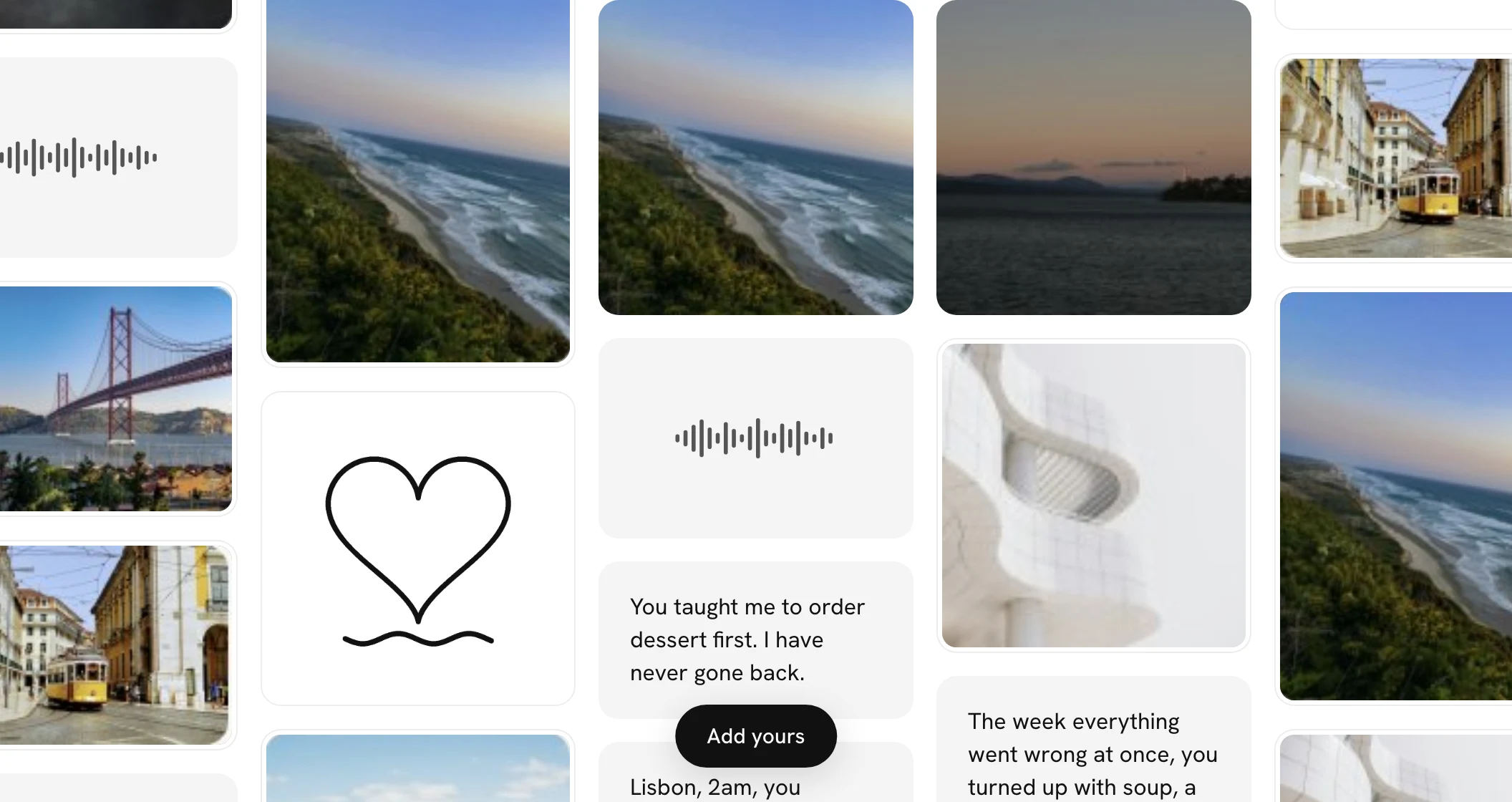 Part of a wall: photos and a video each in a thin white border, beside a line of words and a voice note with none