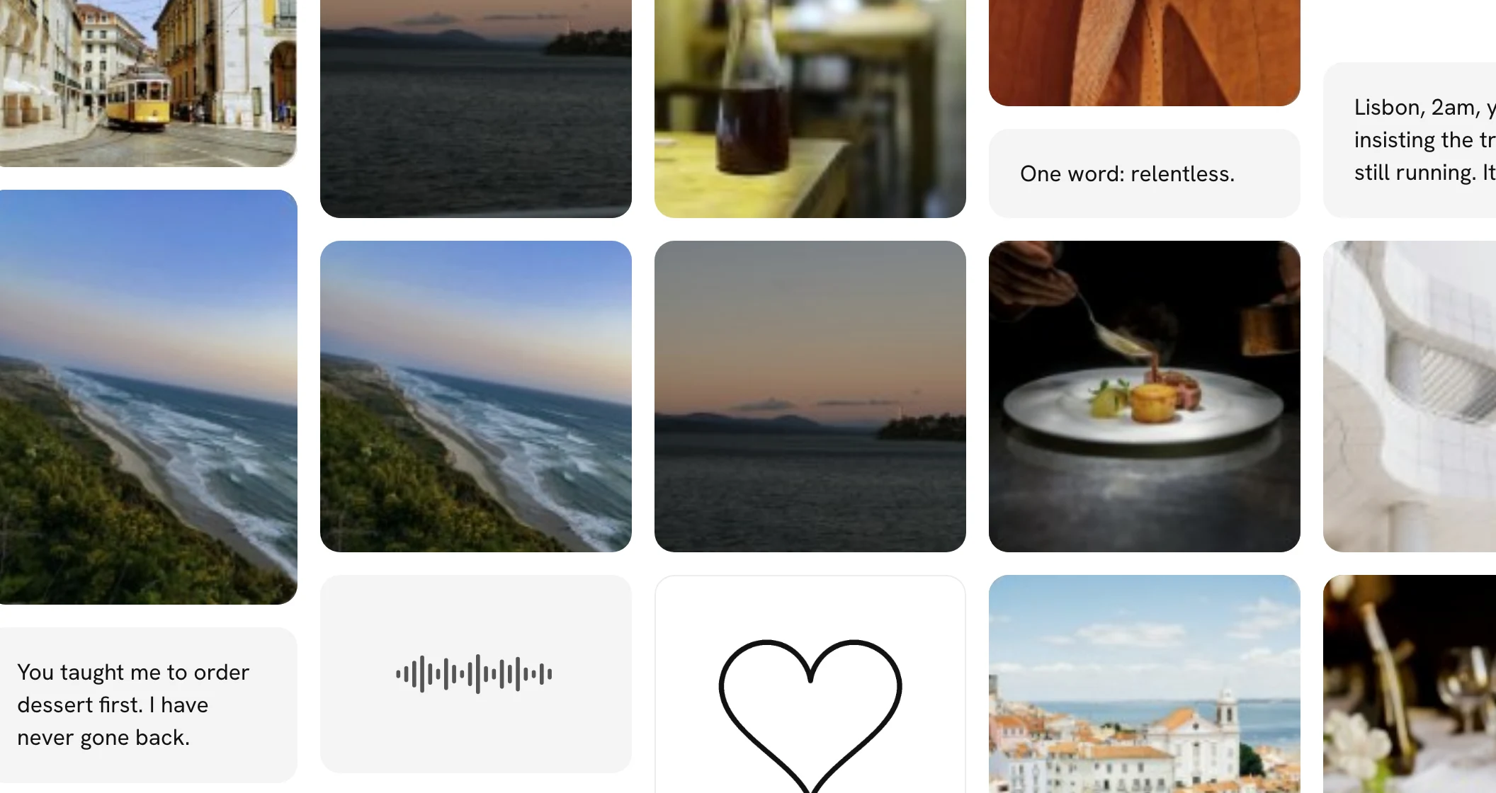 The right-hand side of a wall when it opens: photos, a voice note and a line of words, and at the edge a video cut in half by the side of the screen
