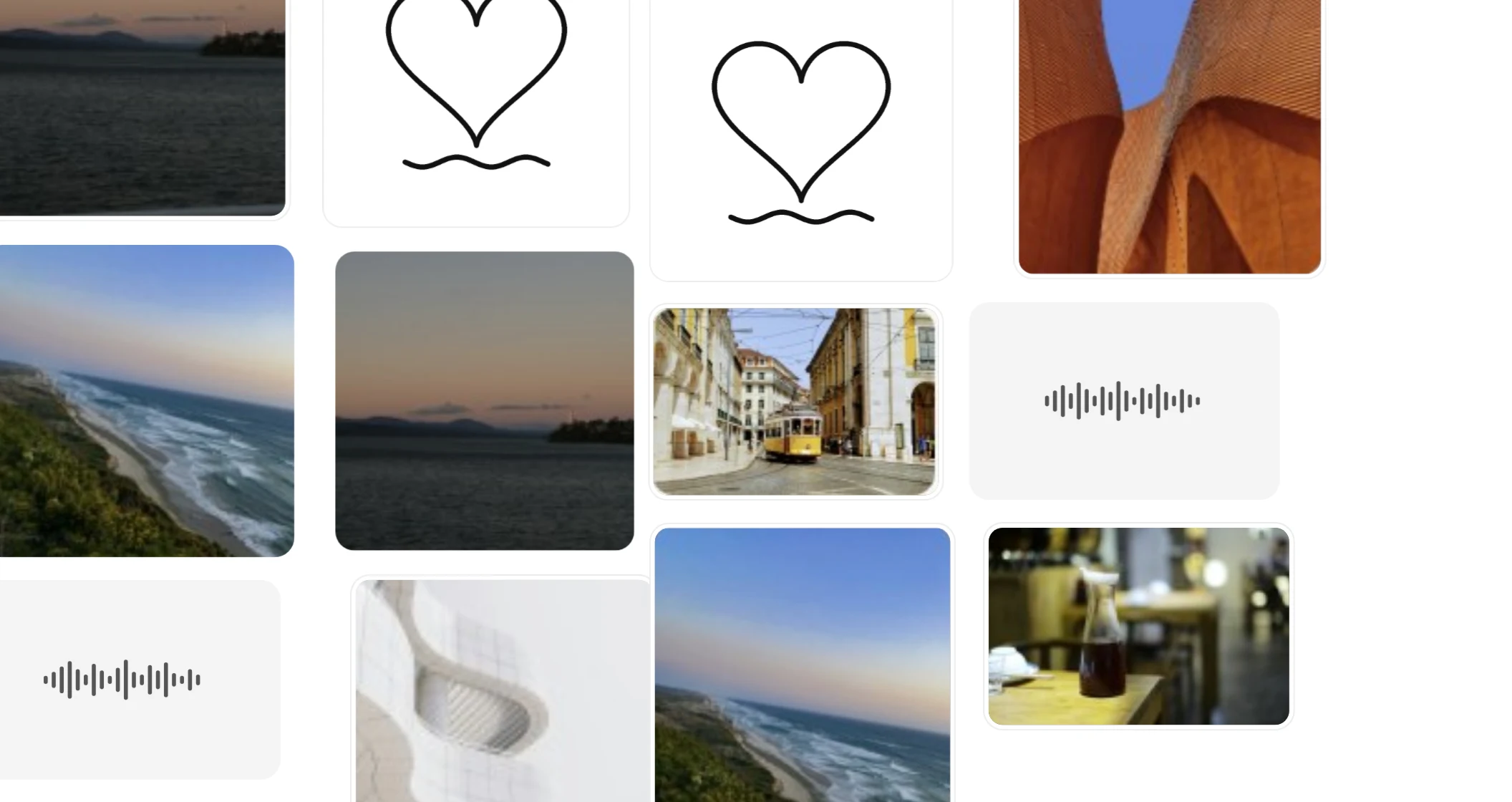 Part of a wall mid-drag: photos and a video sitting a little behind where they belong, beside lines of words that keep up